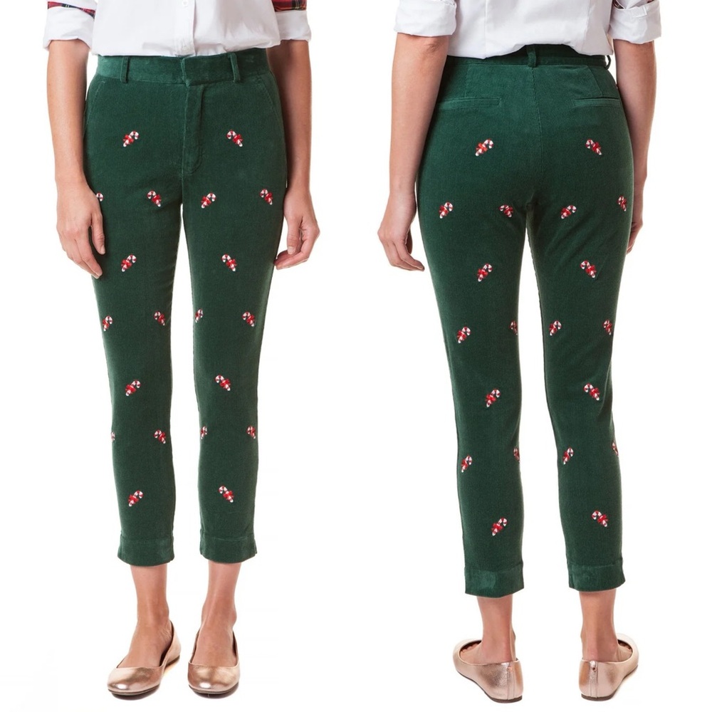 Castaway Beachcomber Stretch Corduroy Candy Cane Embroidered Ankle Pants